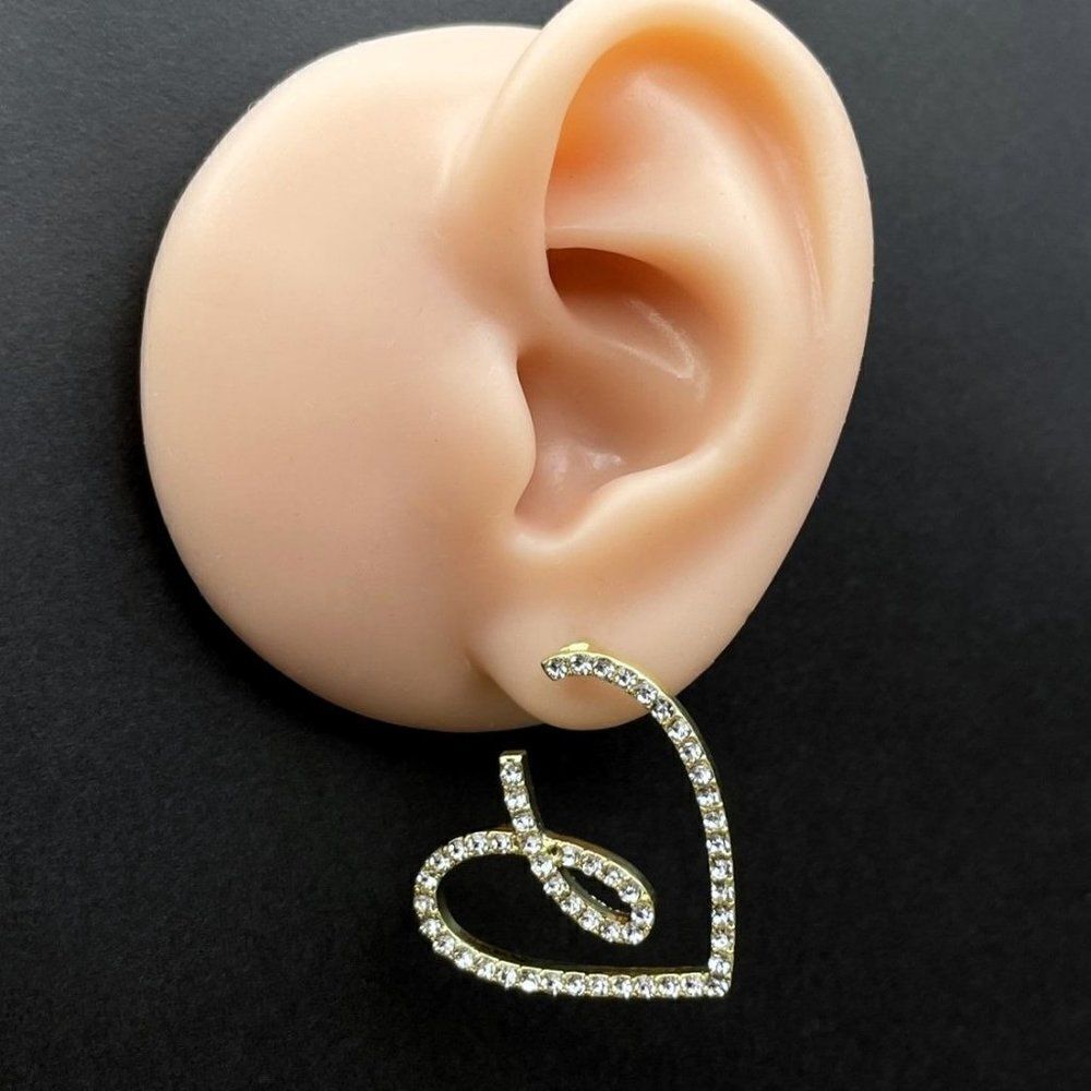 Yellow Gold and White Diamond Crystal Mismatched Heart Post Back Drop Earrings - Picture 9 of 10